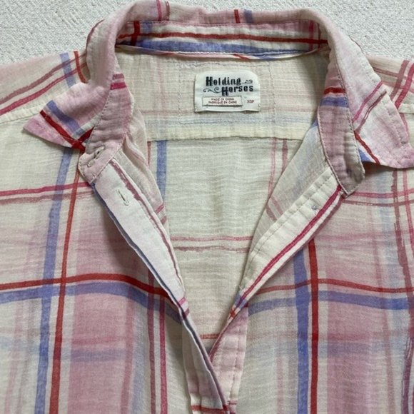 Anthropologie‎ Western Cream Pink Plaid Oversized Crop Button Down Shirt Top XS - Picture 4 of 5
